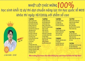 CHÚC MỪNG 100% HỌC SINH KHỐI 12 DỰ THI ĐẠT CHUẨN NĂNG LỰC TIN HỌC QUỐC TẾ MOS ĐẠT ĐIỂM SỐ CAO - KHÓA 16/01/24