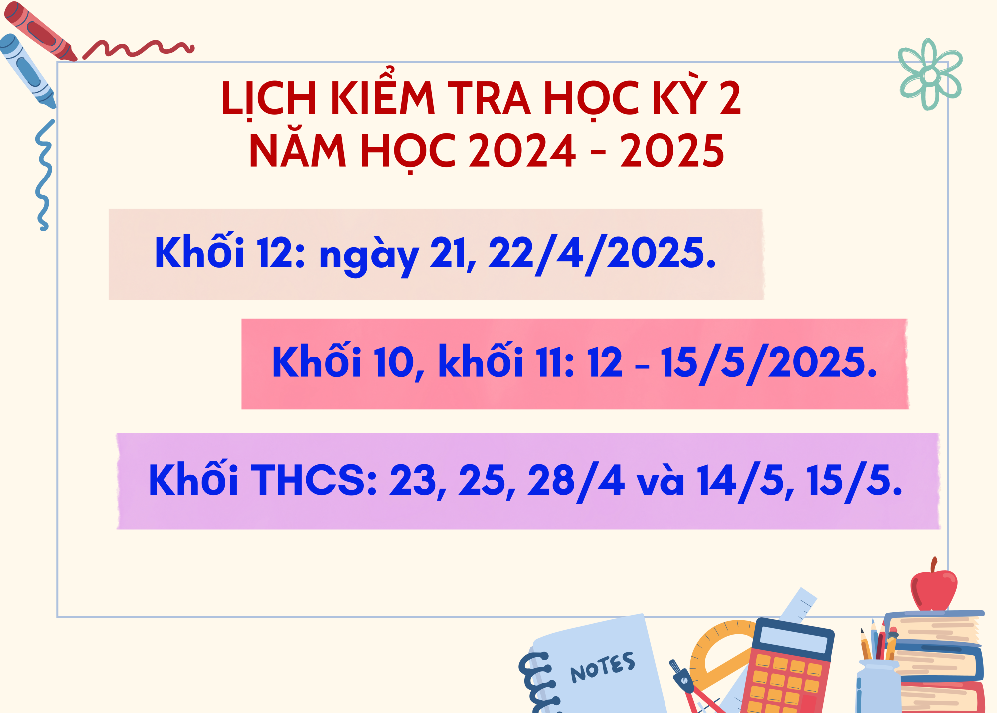 Lịch kiểm tra Học kỳ II